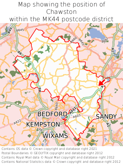 Map showing location of Chawston within MK44