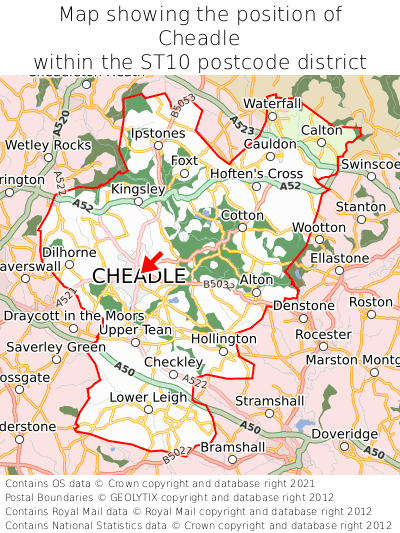 Map showing location of Cheadle within ST10