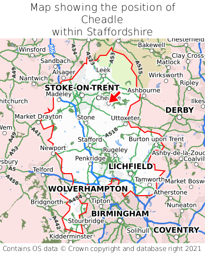 Map showing location of Cheadle within Staffordshire