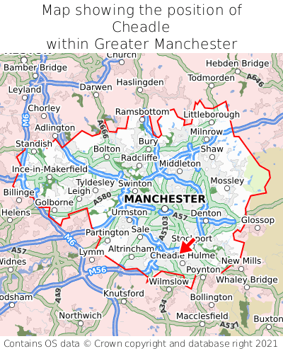Map showing location of Cheadle within Greater Manchester