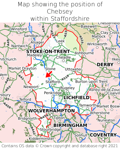 Map showing location of Chebsey within Staffordshire