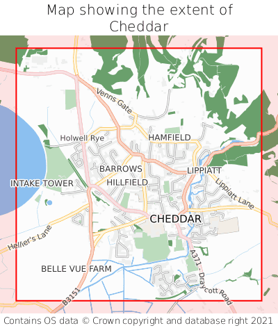 Map showing extent of Cheddar as bounding box