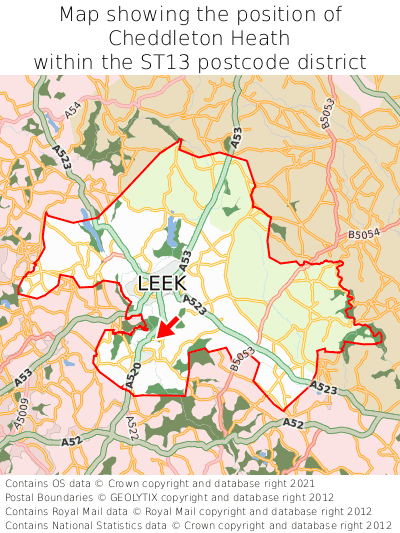 Map showing location of Cheddleton Heath within ST13