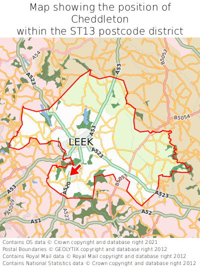 Map showing location of Cheddleton within ST13