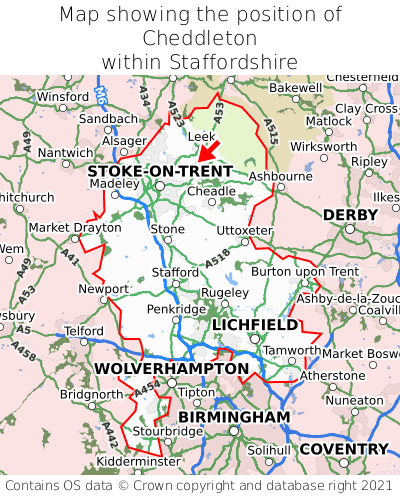 Map showing location of Cheddleton within Staffordshire