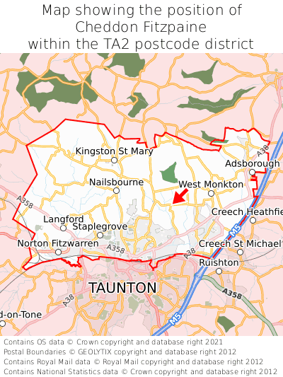 Map showing location of Cheddon Fitzpaine within TA2
