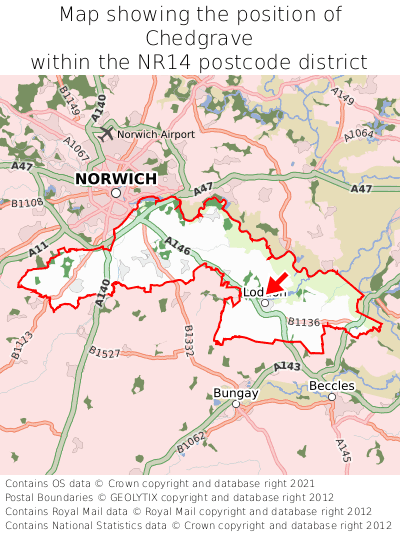 Map showing location of Chedgrave within NR14