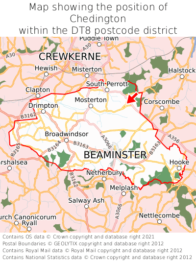 Map showing location of Chedington within DT8
