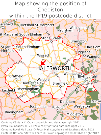 Map showing location of Chediston within IP19