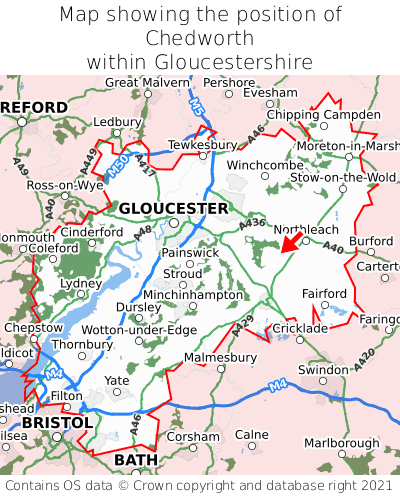 Map showing location of Chedworth within Gloucestershire