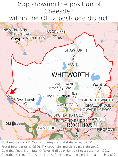 Map showing location of Cheesden within OL12