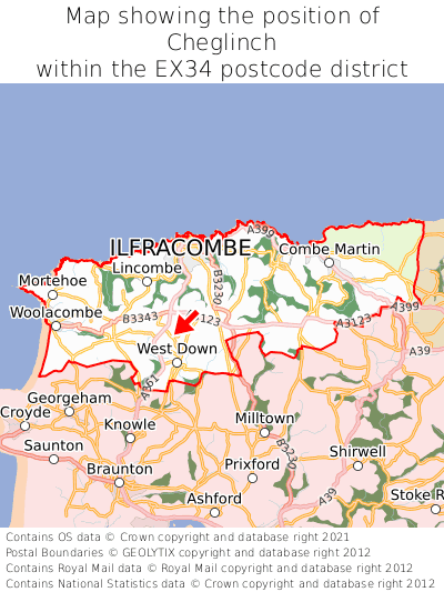 Map showing location of Cheglinch within EX34