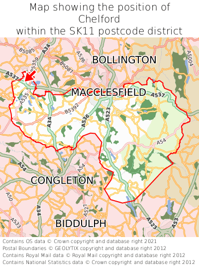 Map showing location of Chelford within SK11