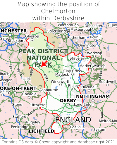 Map showing location of Chelmorton within Derbyshire