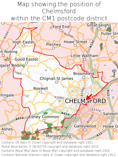 Map showing location of Chelmsford within CM1
