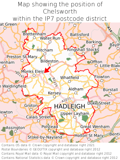 Map showing location of Chelsworth within IP7