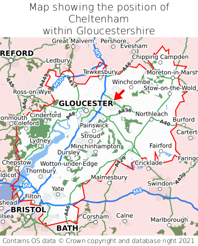 Map showing location of Cheltenham within Gloucestershire