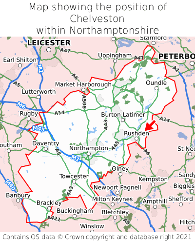 Map showing location of Chelveston within Northamptonshire