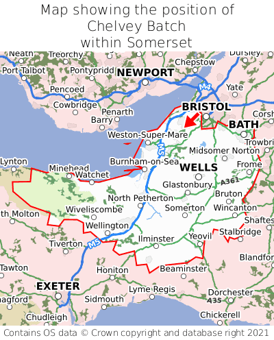 Map showing location of Chelvey Batch within Somerset