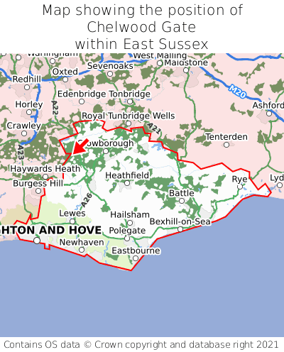 Map showing location of Chelwood Gate within East Sussex