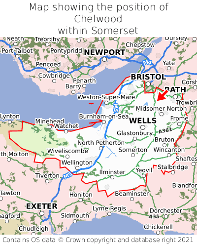 Map showing location of Chelwood within Somerset