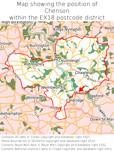 Map showing location of Chenson within EX18