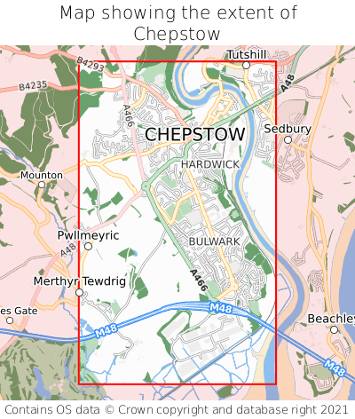 Map showing extent of Chepstow as bounding box