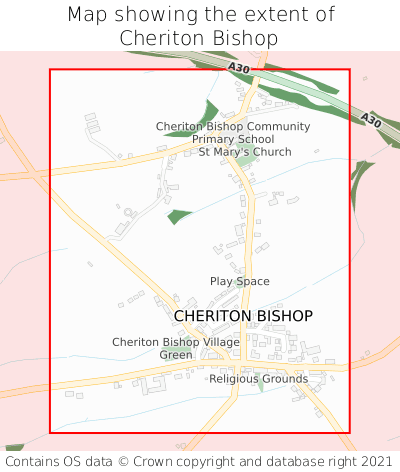 Map showing extent of Cheriton Bishop as bounding box