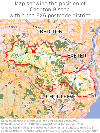 Map showing location of Cheriton Bishop within EX6