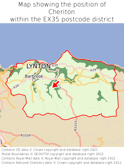 Map showing location of Cheriton within EX35