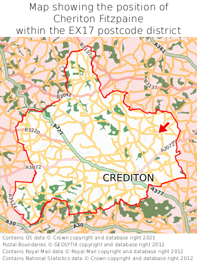 Map showing location of Cheriton Fitzpaine within EX17