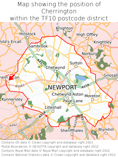 Map showing location of Cherrington within TF10
