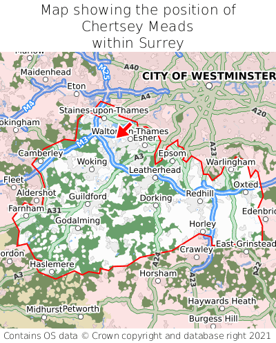 Map showing location of Chertsey Meads within Surrey