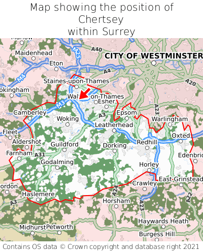Map showing location of Chertsey within Surrey