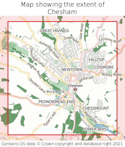 Map showing extent of Chesham as bounding box