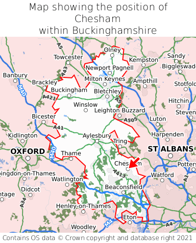 Map showing location of Chesham within Buckinghamshire
