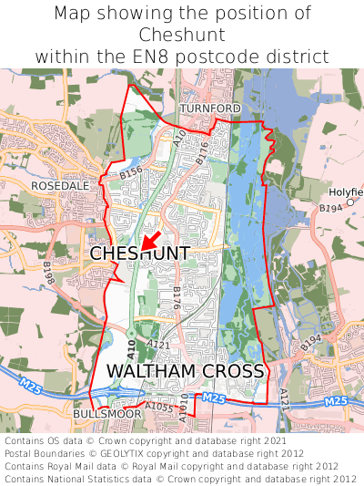Map showing location of Cheshunt within EN8