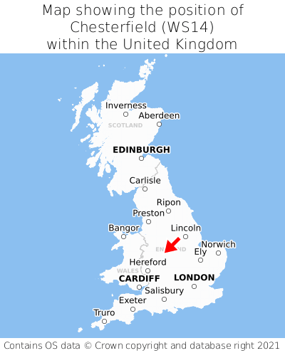 Map showing location of Chesterfield within the UK