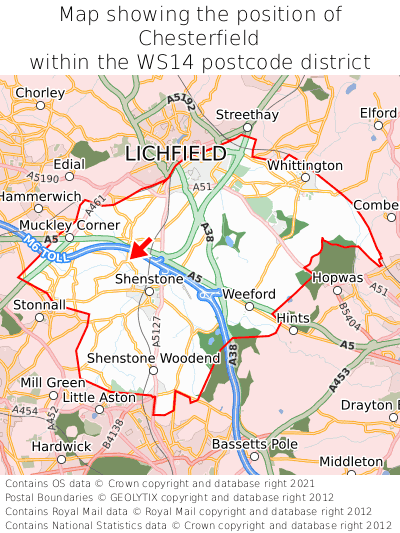Map showing location of Chesterfield within WS14