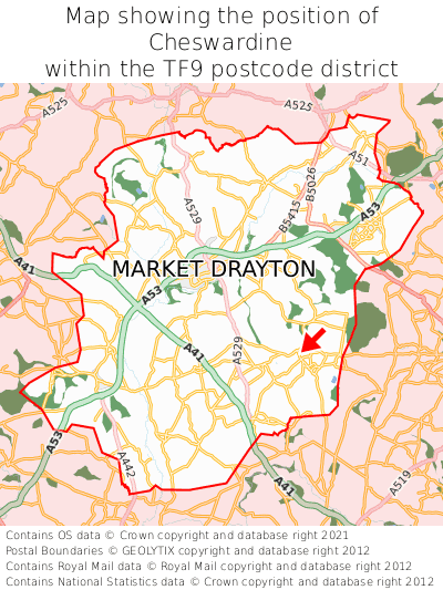 Map showing location of Cheswardine within TF9