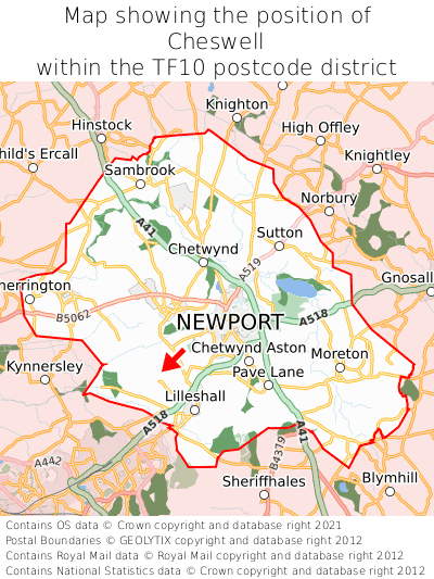 Map showing location of Cheswell within TF10
