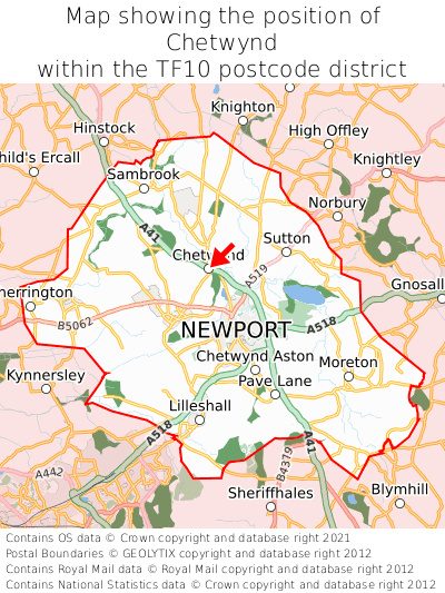 Map showing location of Chetwynd within TF10