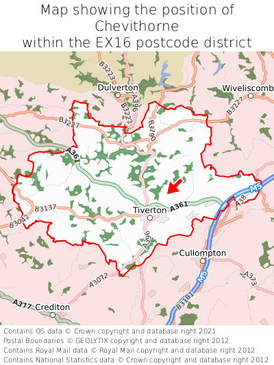Map showing location of Chevithorne within EX16