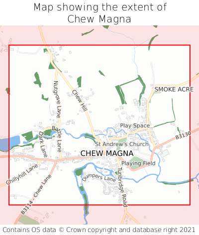 Map showing extent of Chew Magna as bounding box