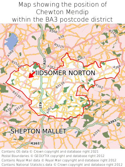 Map showing location of Chewton Mendip within BA3