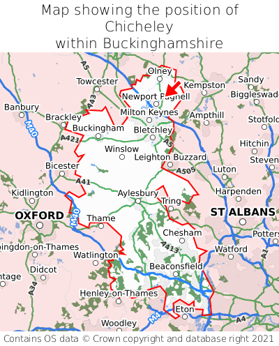Map showing location of Chicheley within Buckinghamshire
