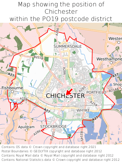 Map showing location of Chichester within PO19