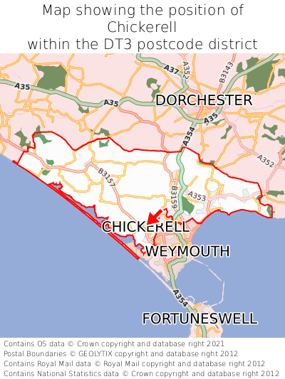 Map showing location of Chickerell within DT3