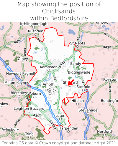 Map showing location of Chicksands within Bedfordshire