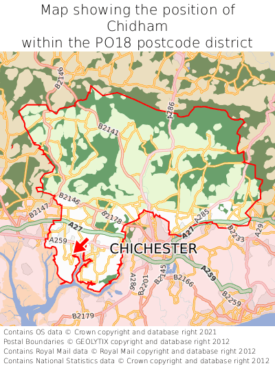 Map showing location of Chidham within PO18